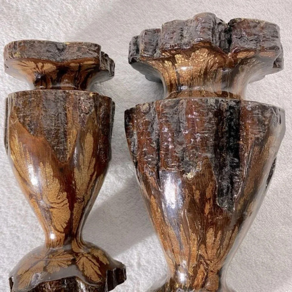 Vintage  Wabi-Sabi Hand Turned Live Edge Chrysanthemum Wood Vase Candle Holders - Picture 10 of 16